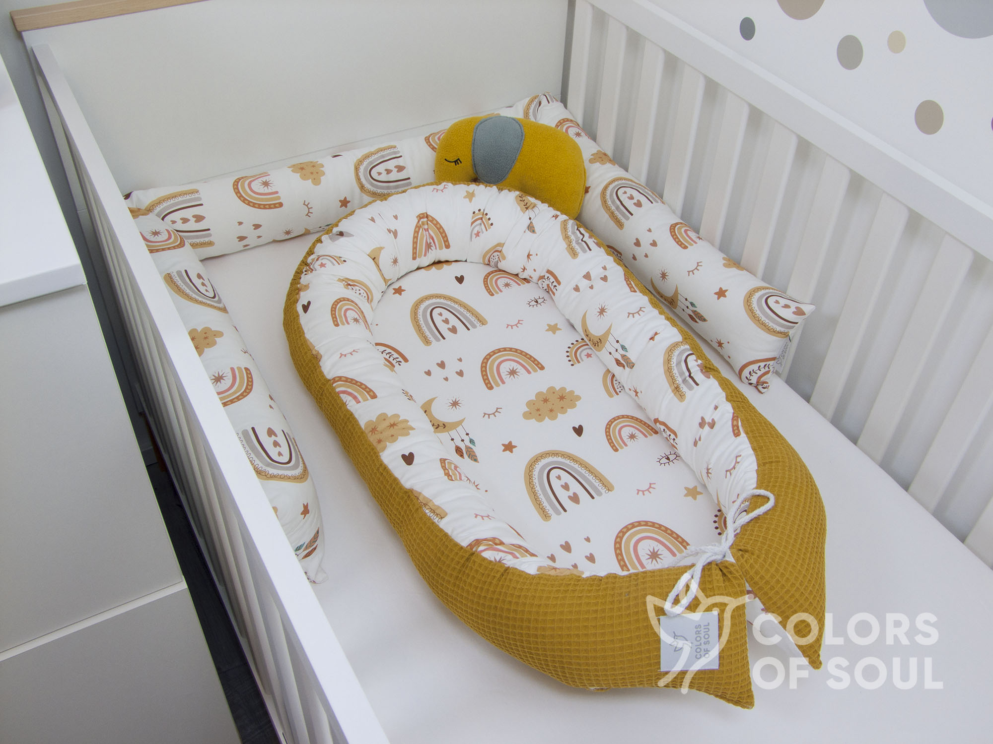 3-er SET - Wickelauflage, Bettschlange, Babynestchen - Baby boho Regenbogen / Waffelpique gelb