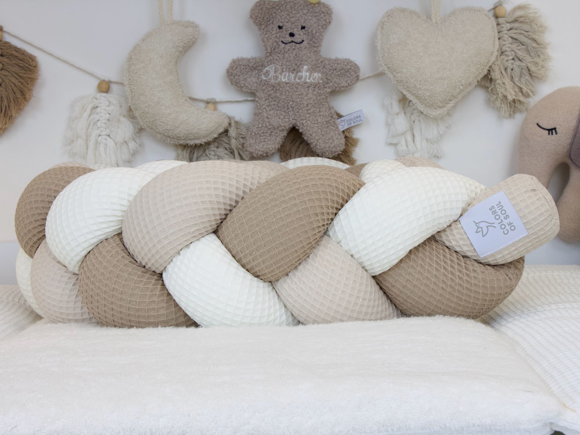 Bettschlange geflochten: Waffelpique creme, natur, dunkelbeige