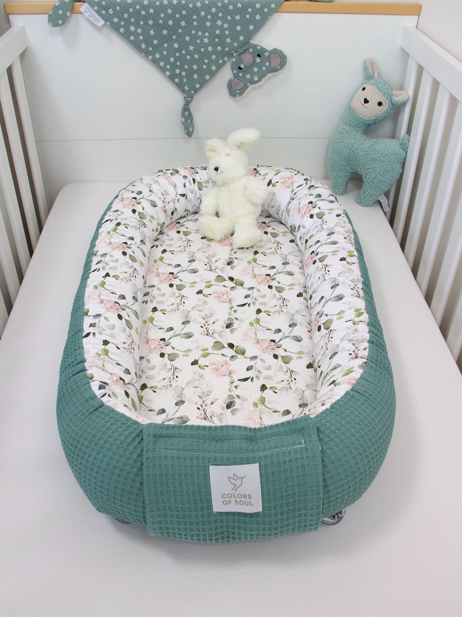 Babynest - Gartenblumen rosa / Waffelpique altgrün