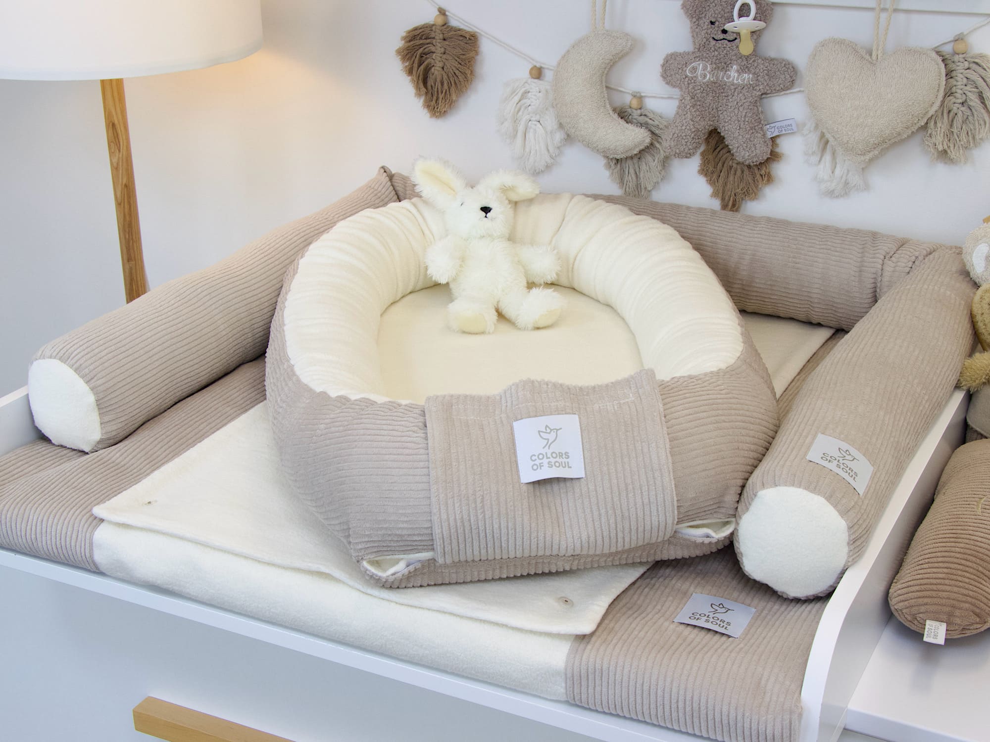 3-er SET - Wickelauflage, Babynestchen, Bettschlange - Cord hellbeige / Baumwollfleece creme