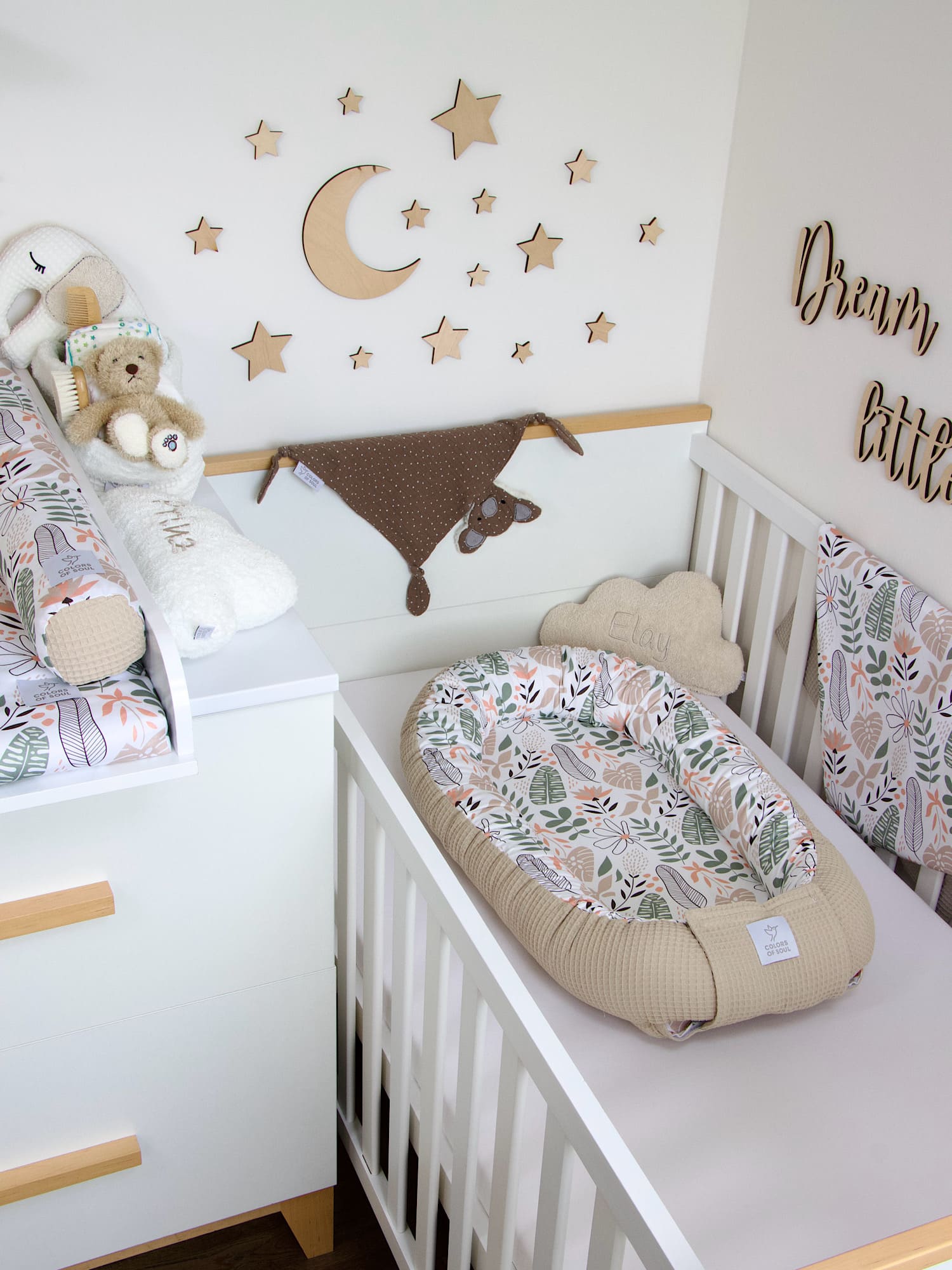 5-er SET - Wickelauflage mit Inlett, Babynestchen, Bettschlange - Tropical Blumen / Waffel beige