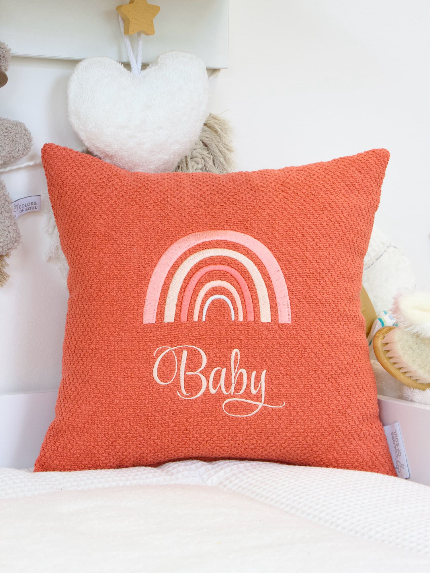 Personalisiertes Babykissen mit Regenbogen - Waffelpique BeBe pfirsich