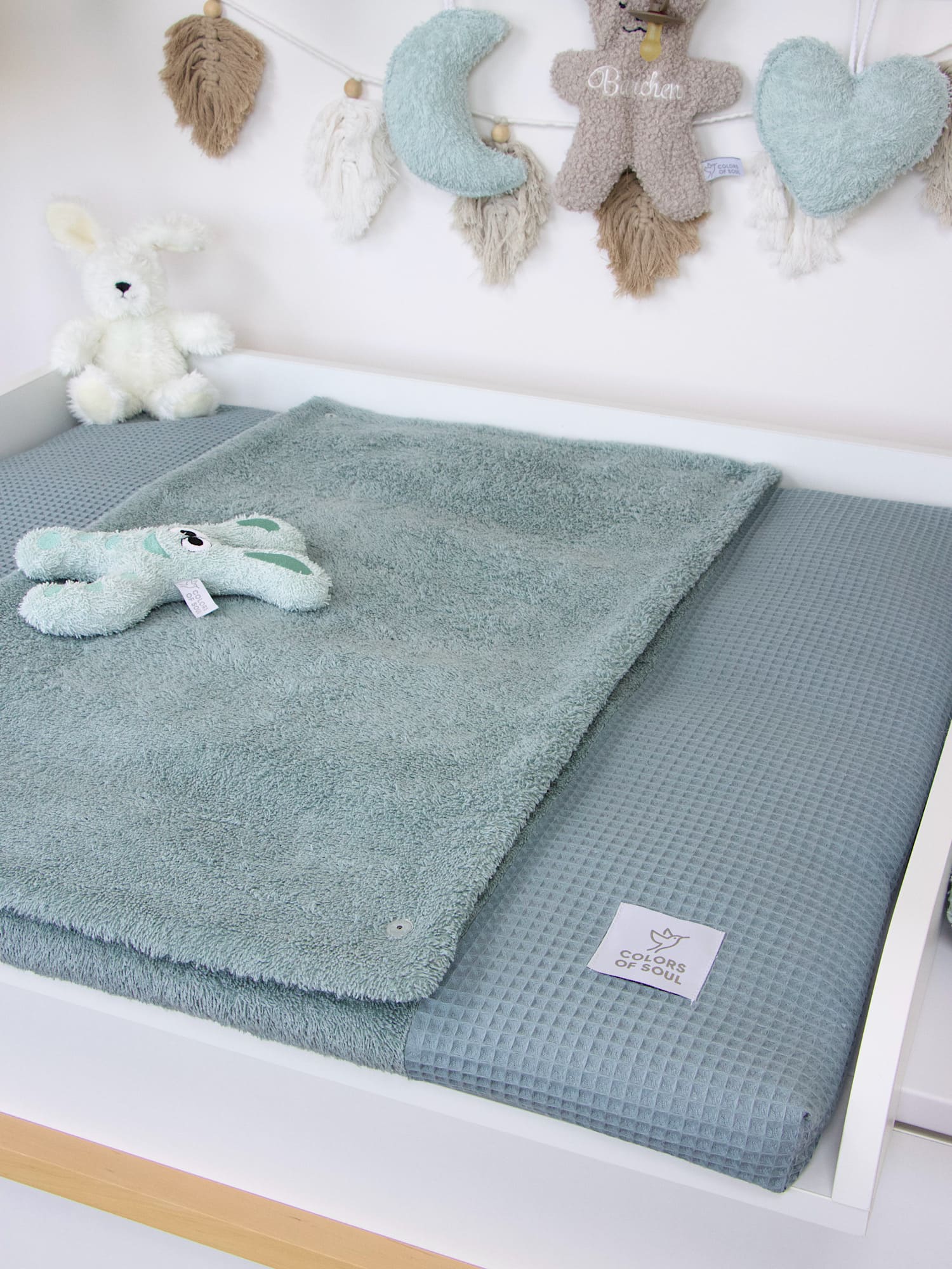 Bezug aus Waffelpique Dusty Altmint mit abnehmbarer Auflage