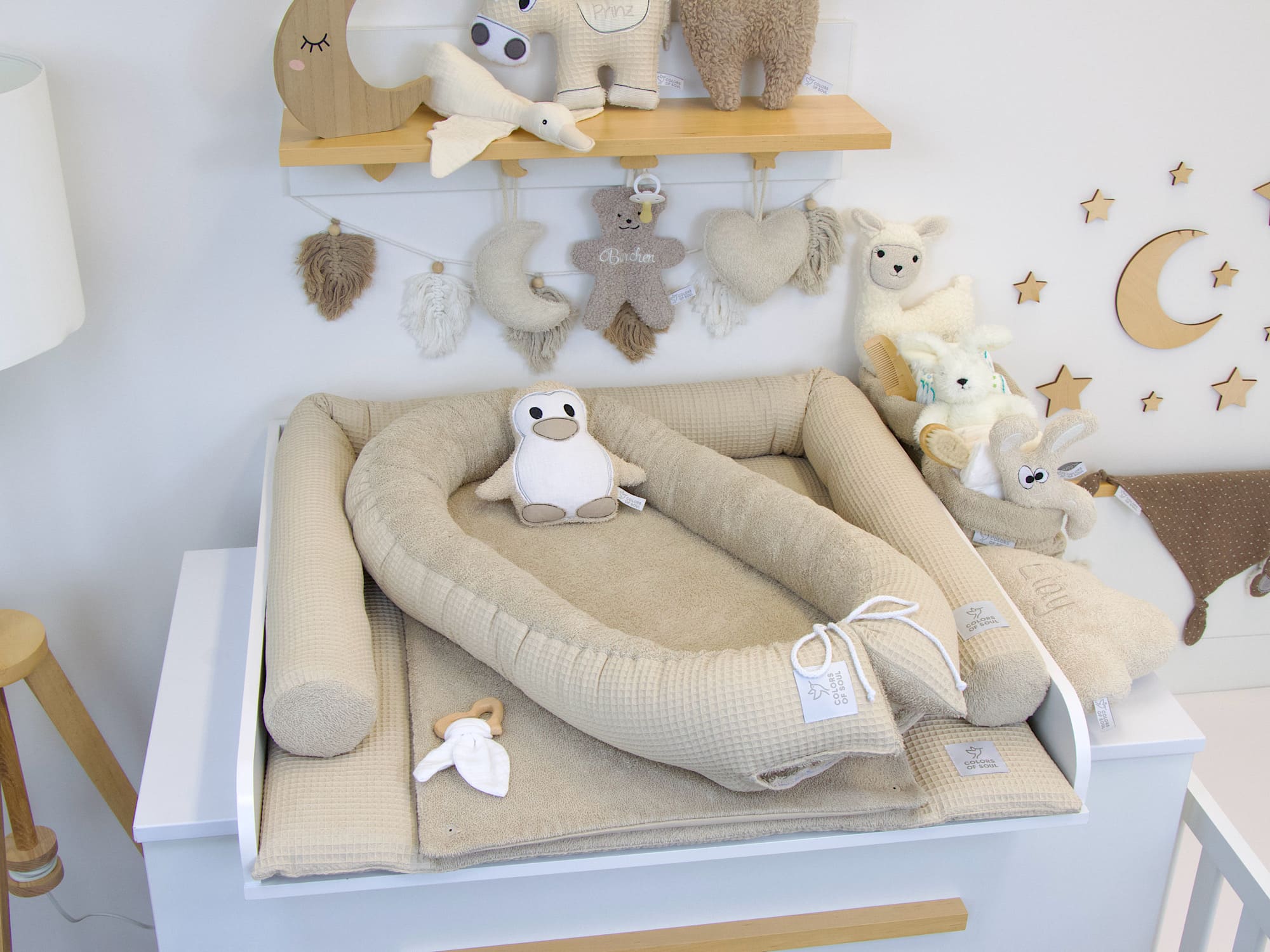 3-er SET - Wickelauflage, Bettschlange, Babynestchen - Waffelpique beige / Frottee beige