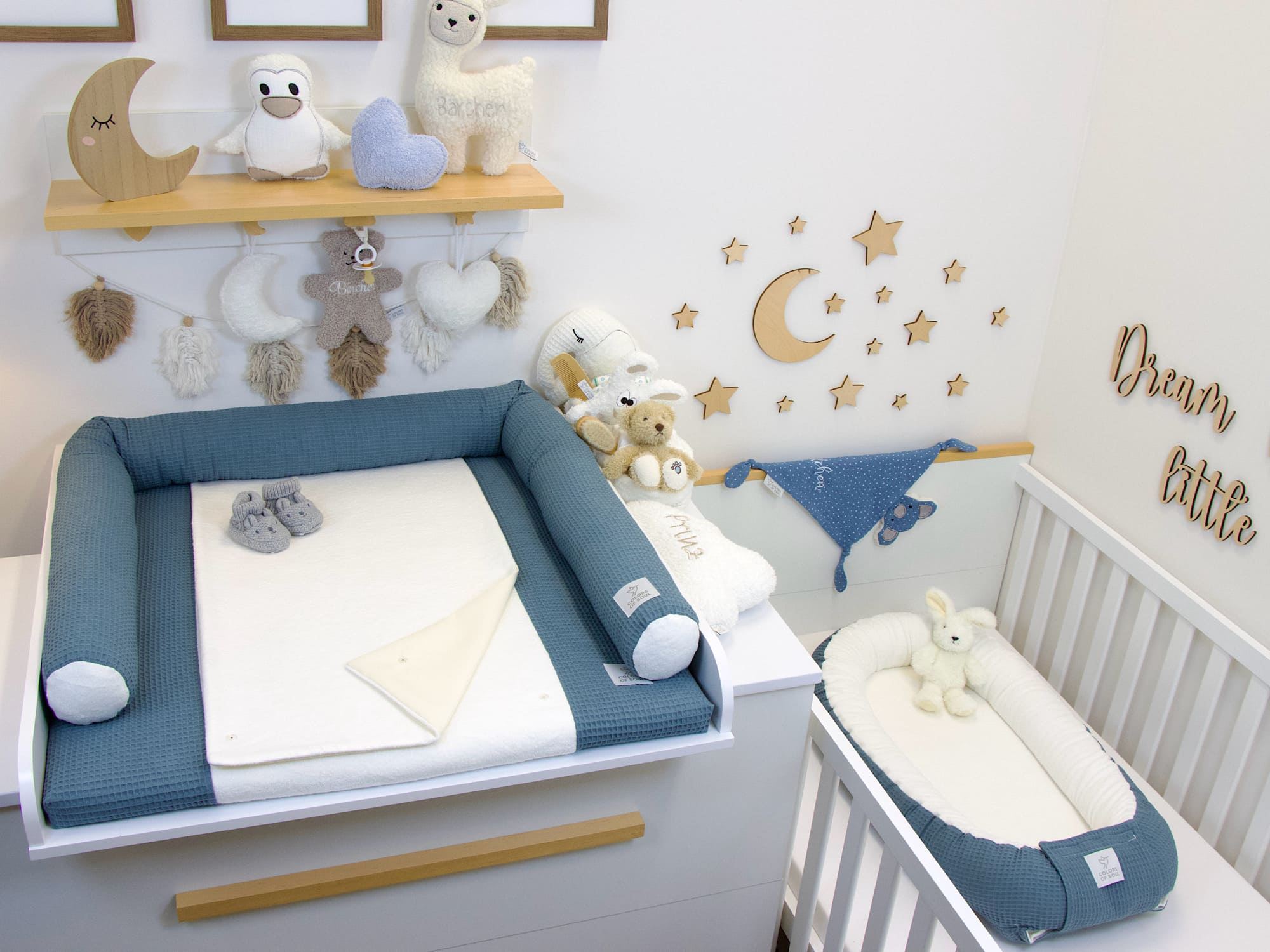 3-er SET - Wickelauflage mit Inlett, Babynest, Bettrolle - Waffel stahlblau / Baumwollfleece creme