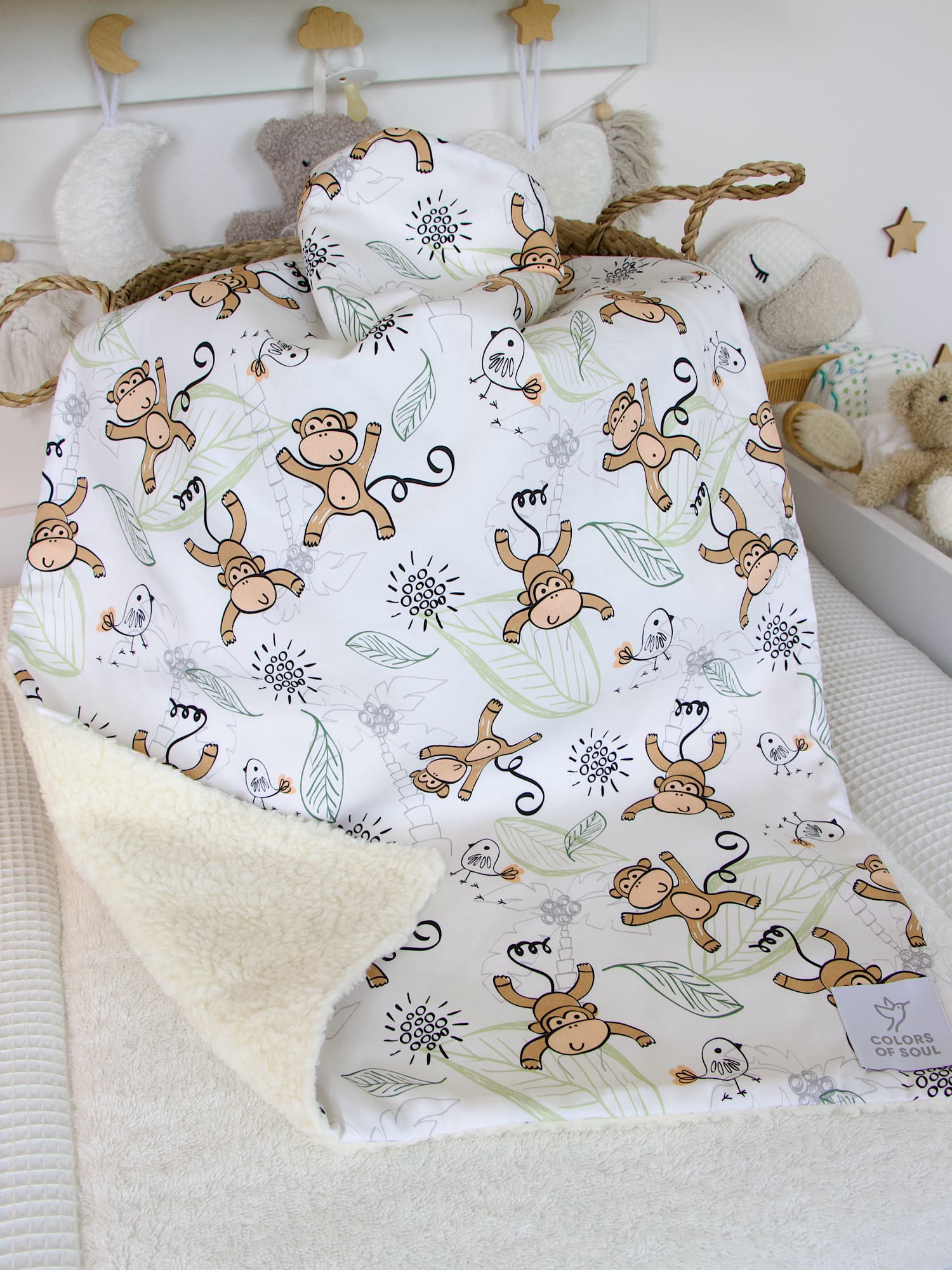 Babydecke personalisiert mit Namen - niedliche Affen / Teddyplüsch creme