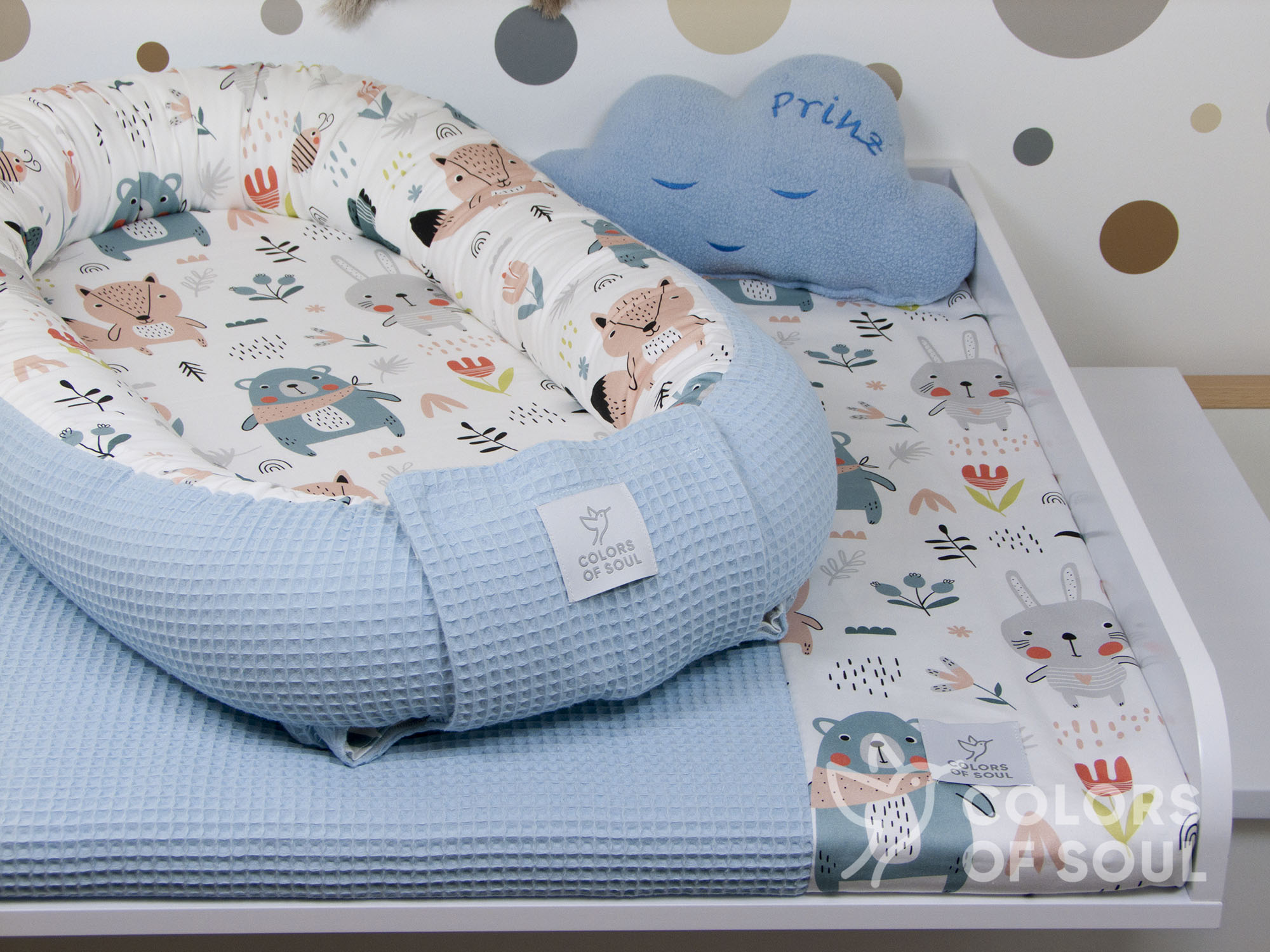Babynestchen pastell Waldtiere / Waffelpique hellblau