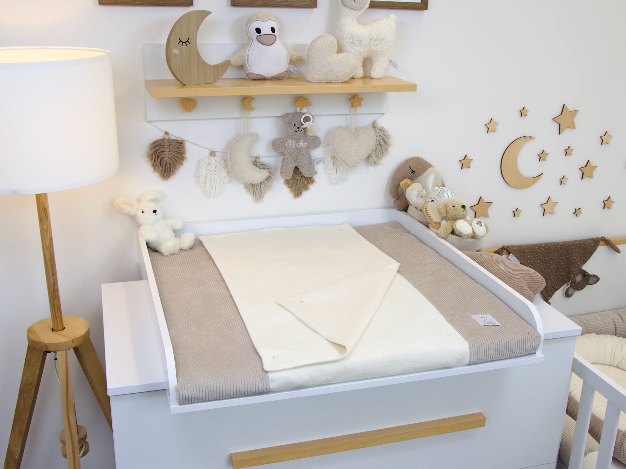 3-er SET - Wickelauflage, Babynestchen, Bettschlange - Cord hellbeige / Baumwollfleece creme