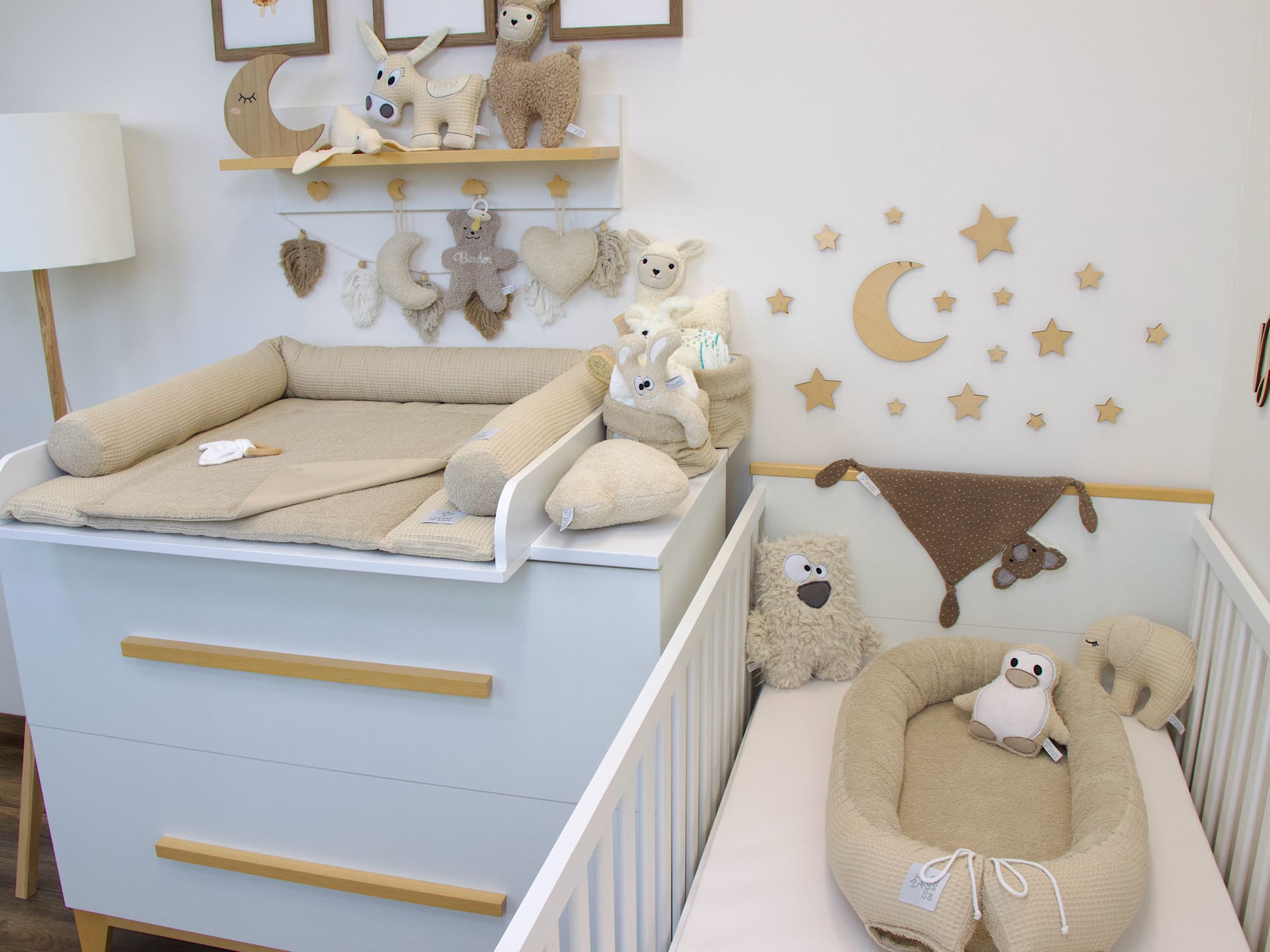 3-er SET - Wickelauflage, Bettschlange, Babynestchen - Waffelpique beige / Frottee beige