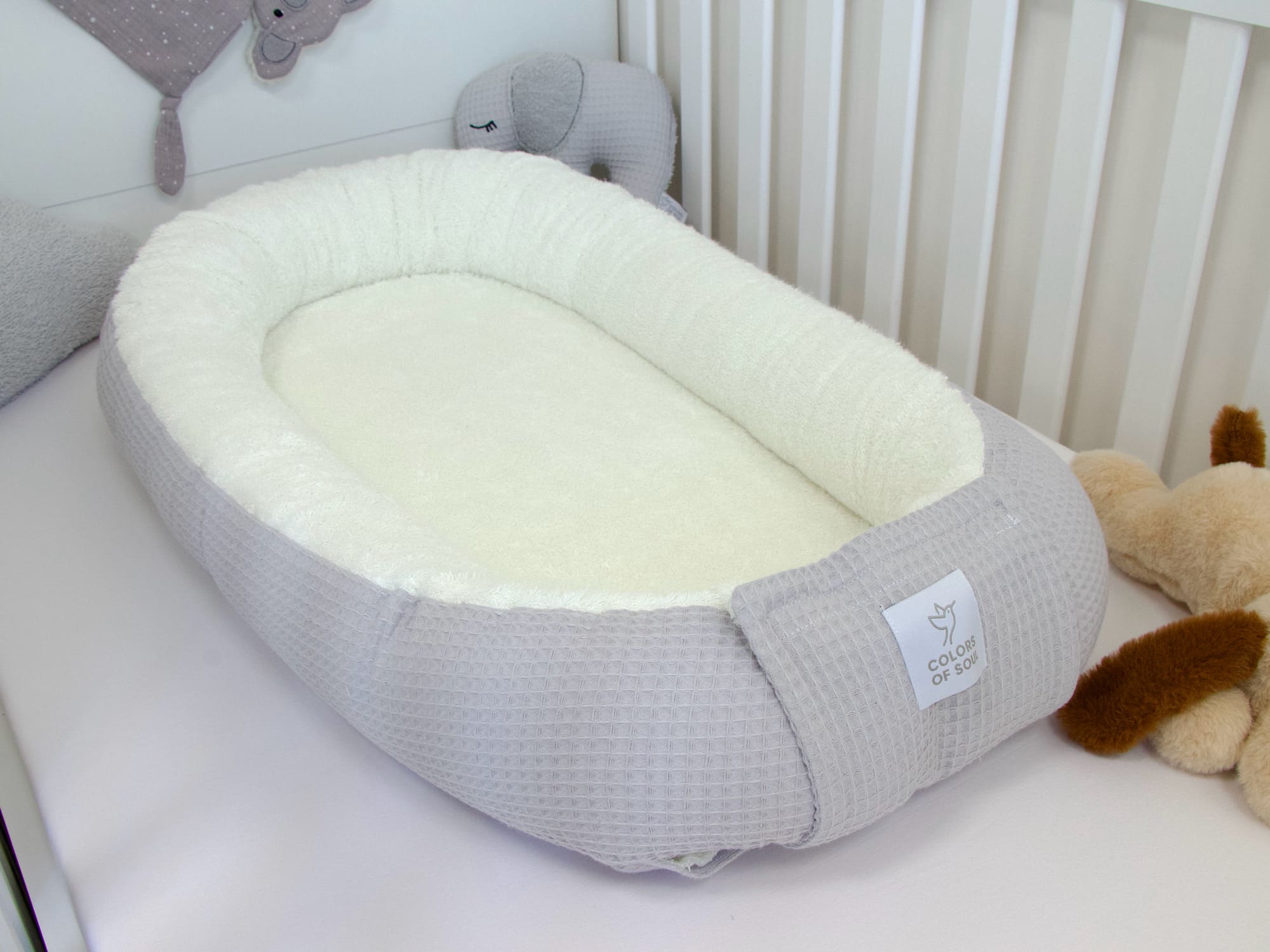 Wickelauflage Set mit Babynestchen - Waffelpique hellgrau / Frottee creme