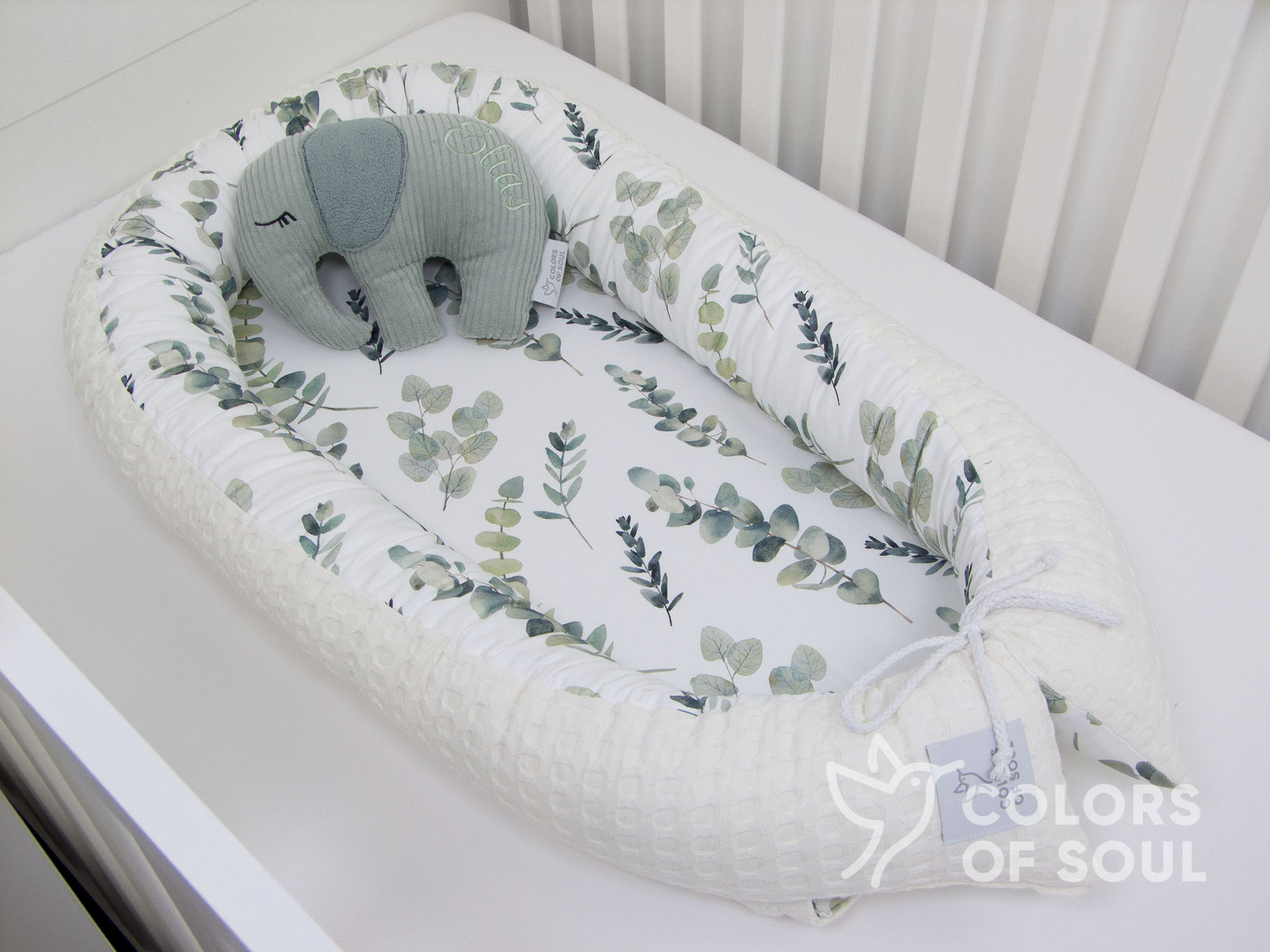 Babynest - Eukalyptuszweige Aquarell / Waffelpique grob creme