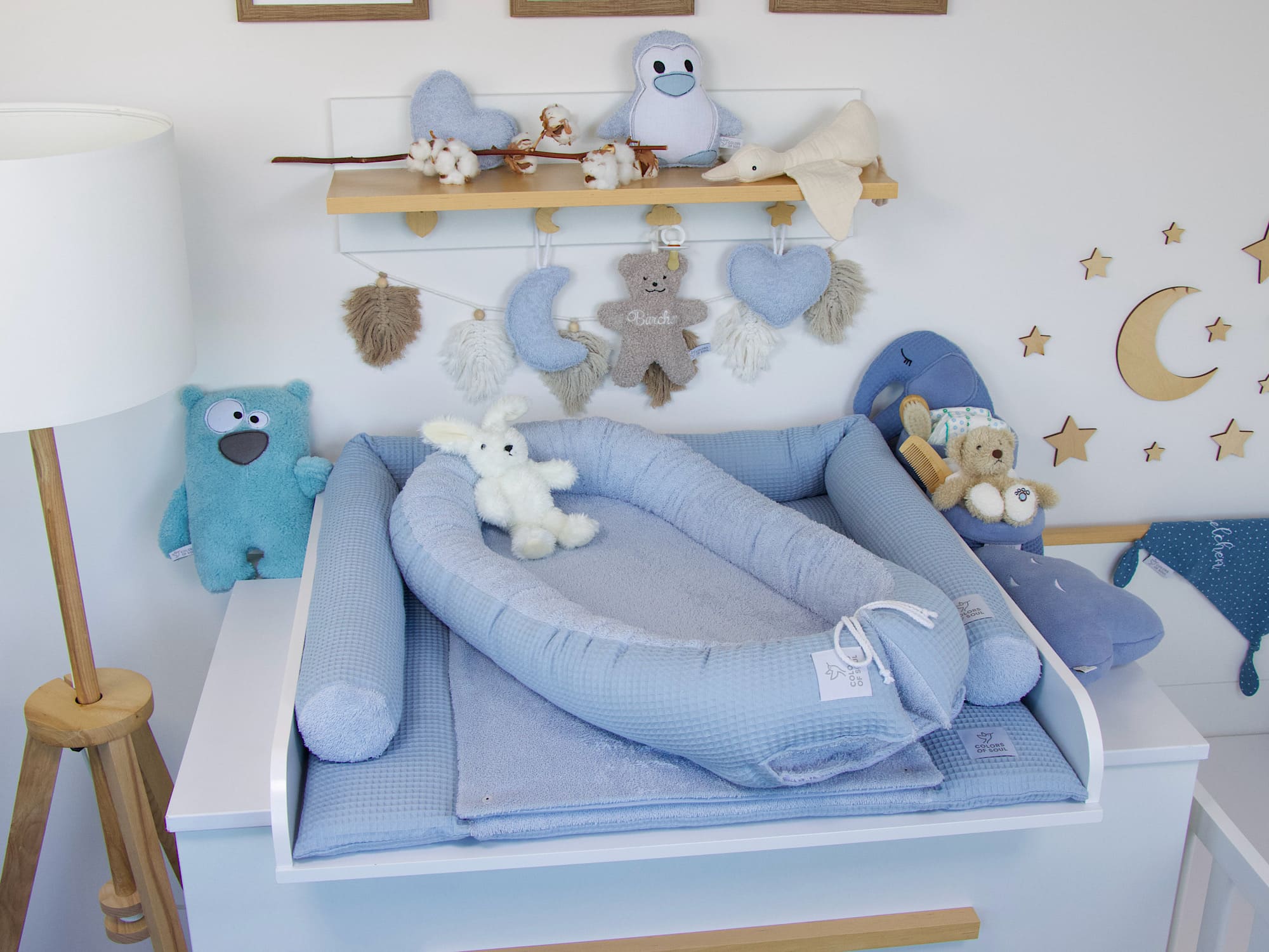 3-er SET - Wickelauflage, Bettschlange, Babynestchen - Waffelpique hellblau / Frottee hellblau