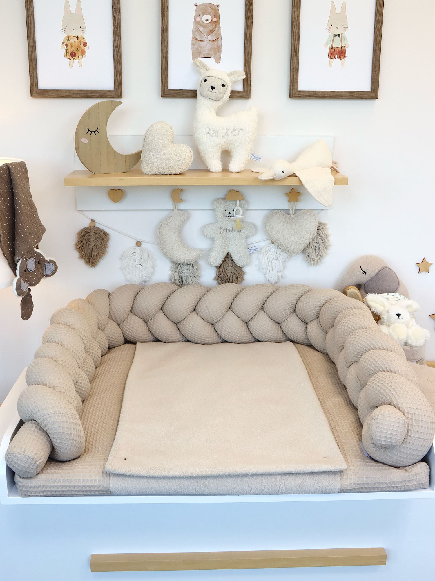 Wickelauflage mit Bezug & geflochtener Bettschlange – Waffelpique & Baumwollfleece Beige