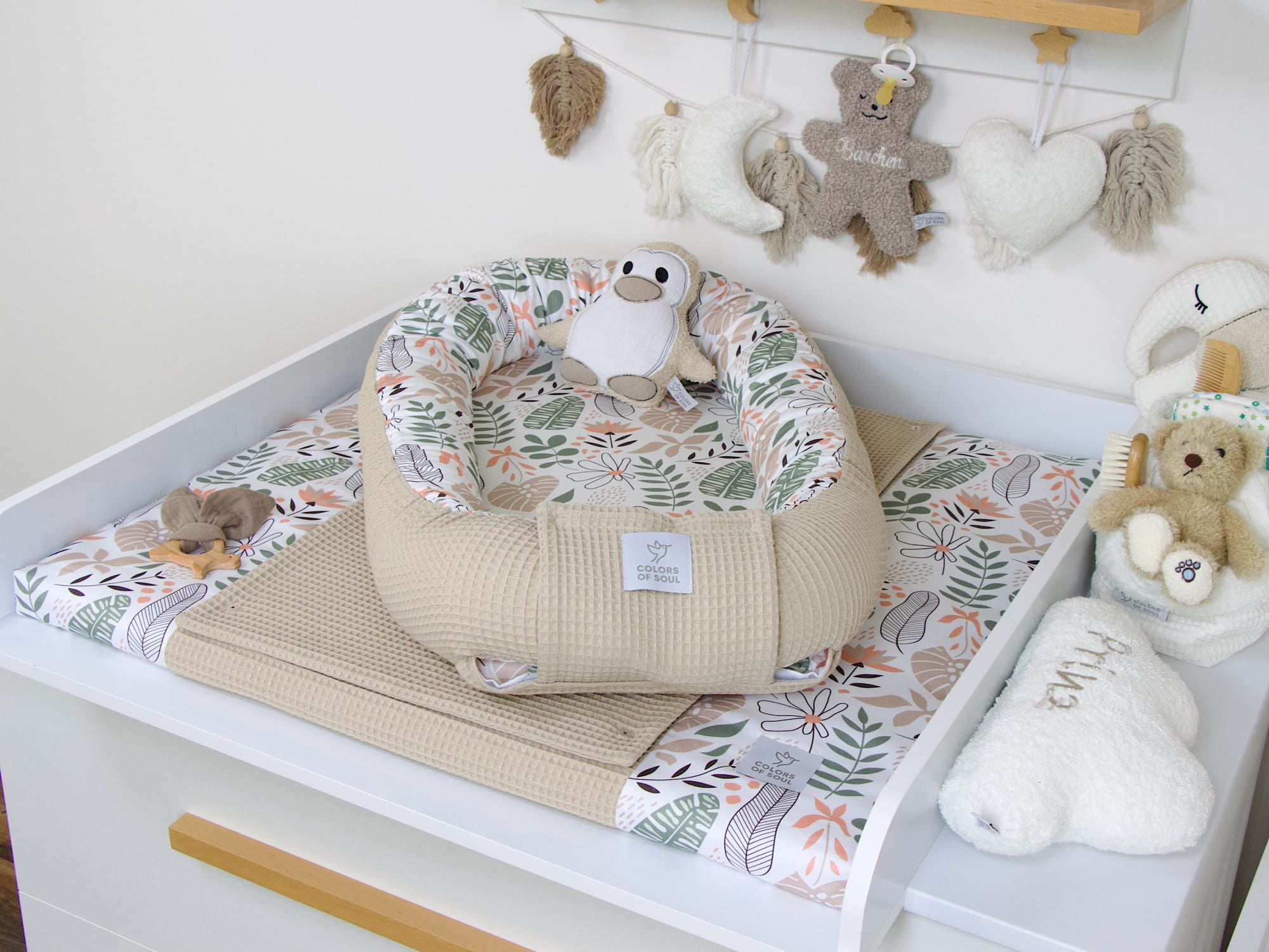 5-er SET - Wickelauflage mit Inlett, Babynestchen, Bettschlange - Tropical Blumen / Waffel beige