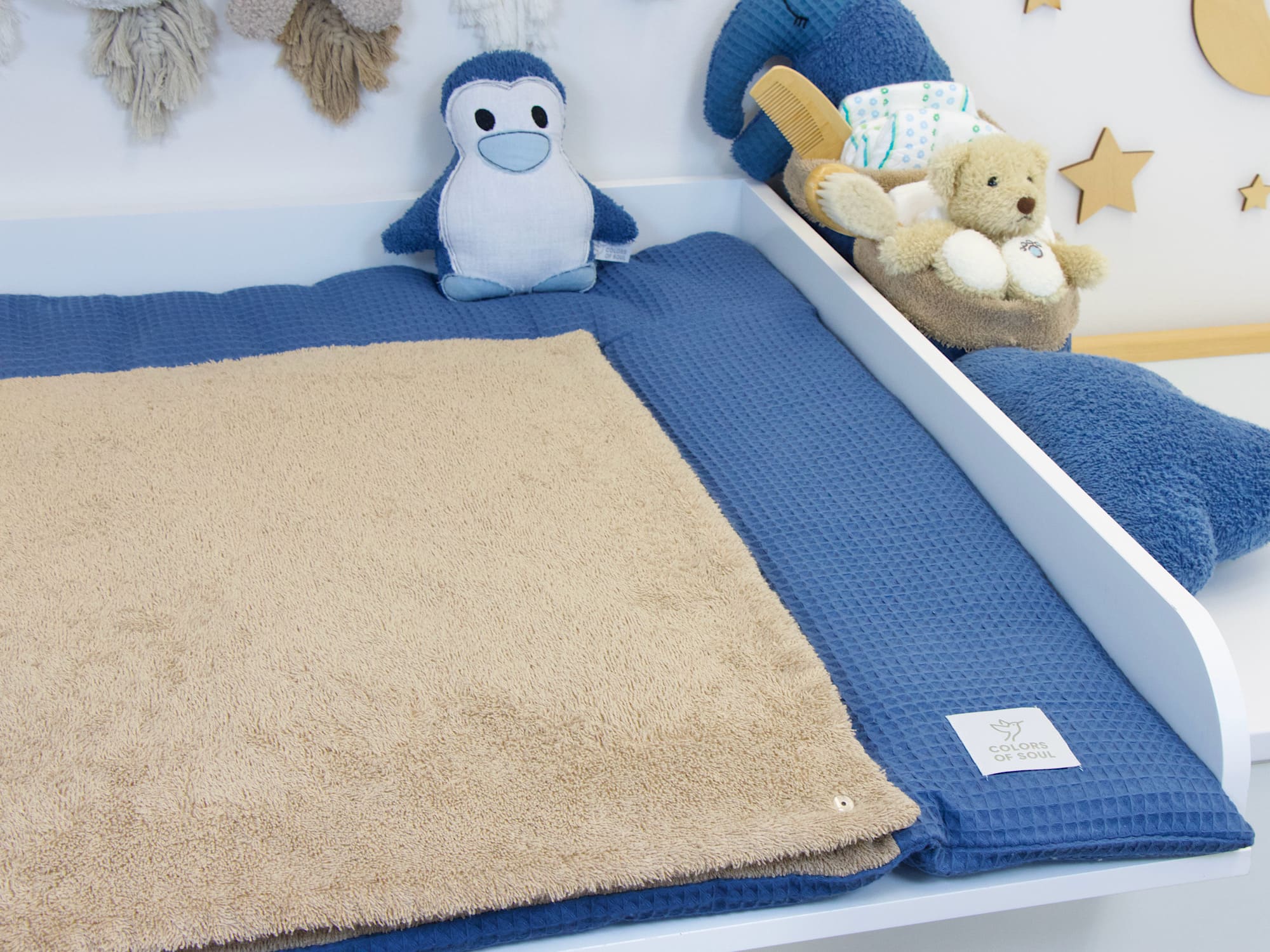 Wickelauflage - Waffelpique jeansblau / Frottee dunkelbeige