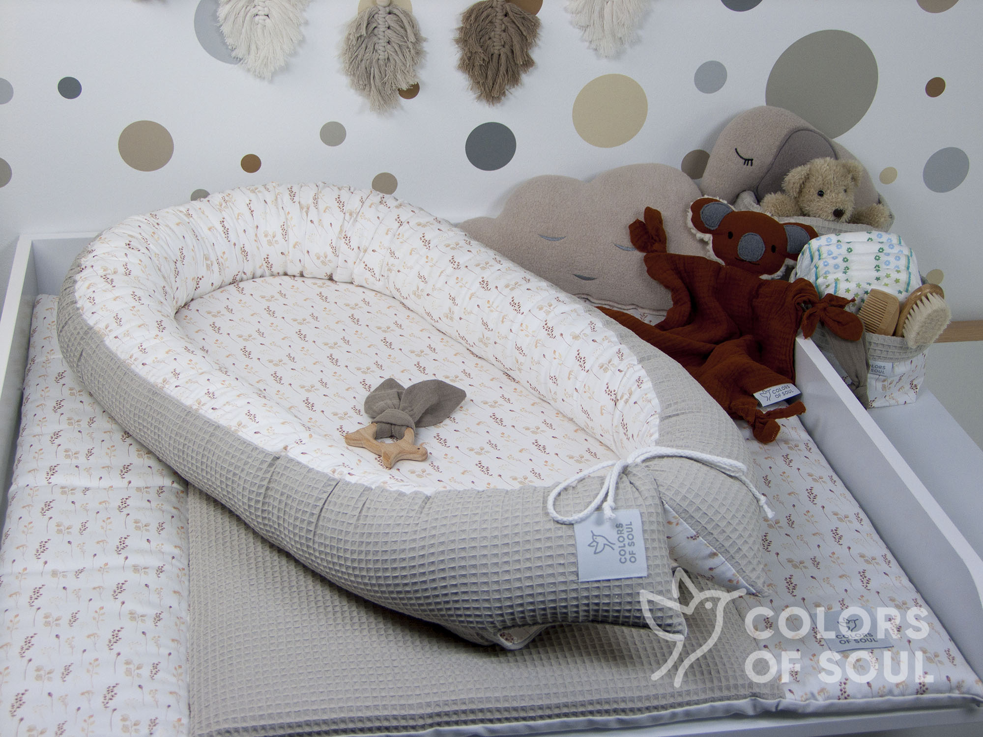 Babynestchen Boho getrocknete Blumen Aquarell / Waffelpique beige