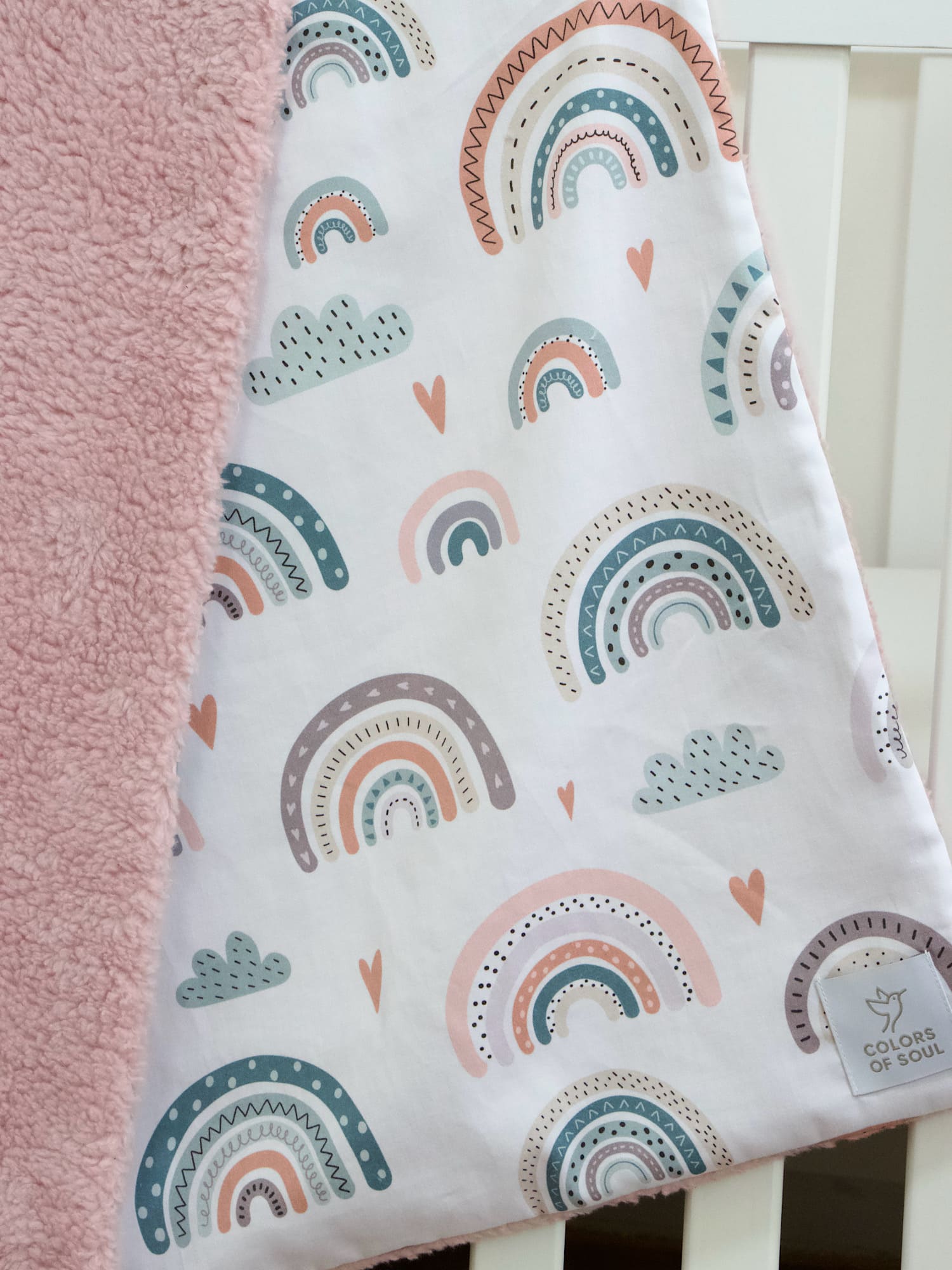 Babydecke Kinderwagen – Musselin Regenbogen Design und Teddyplüsch Altrosa