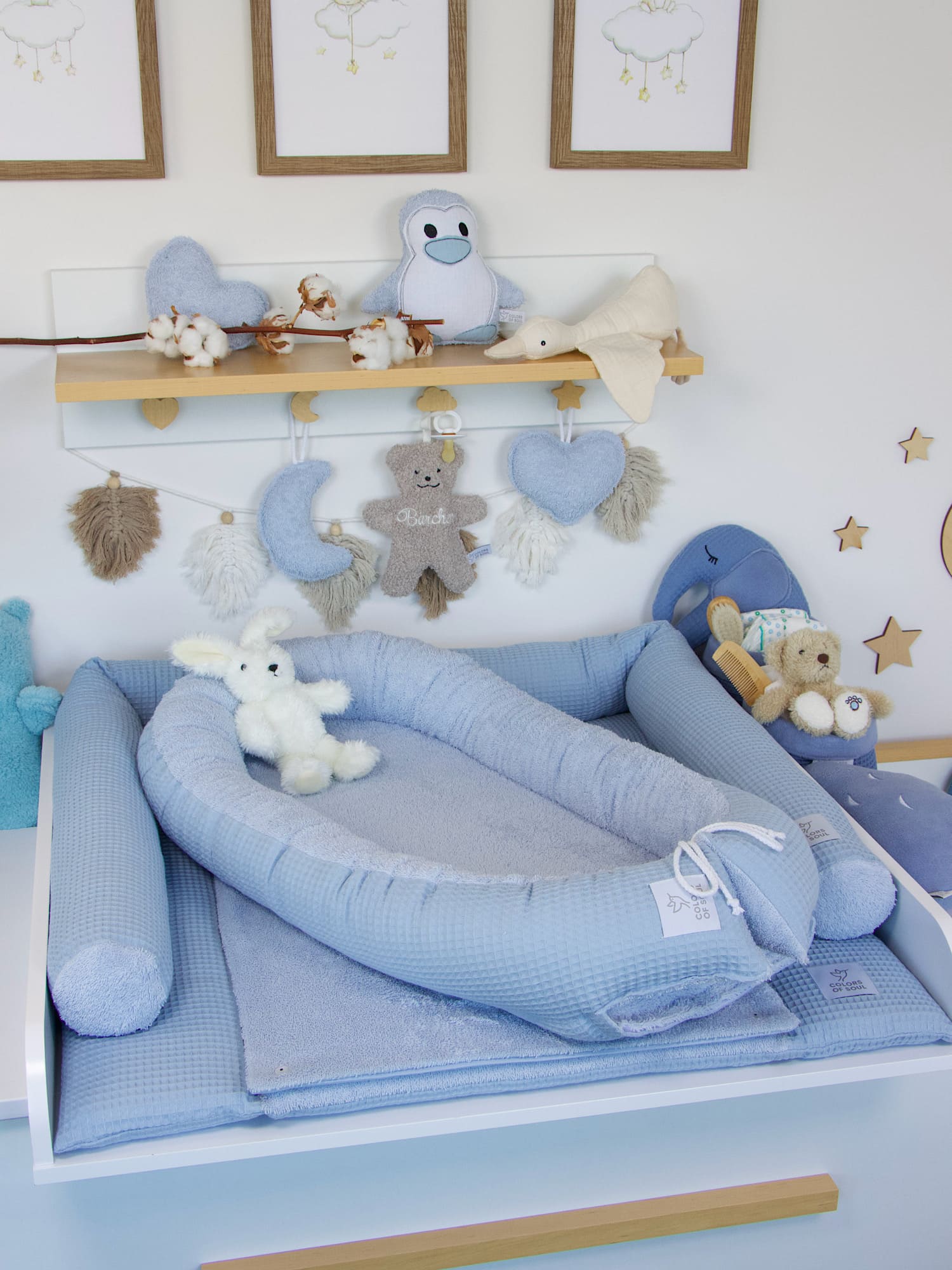 3-er SET - Wickelauflage, Bettschlange, Babynestchen - Waffelpique hellblau / Frottee hellblau