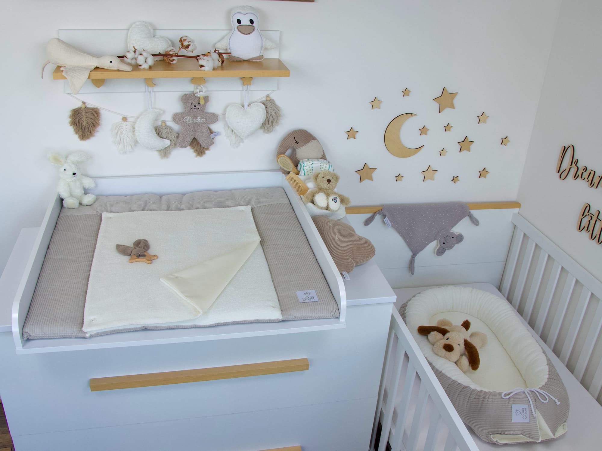 3-er SET - Wickelauflage, Bettschlange, Babynest - Kord hellbeige / Baumwollfleece creme