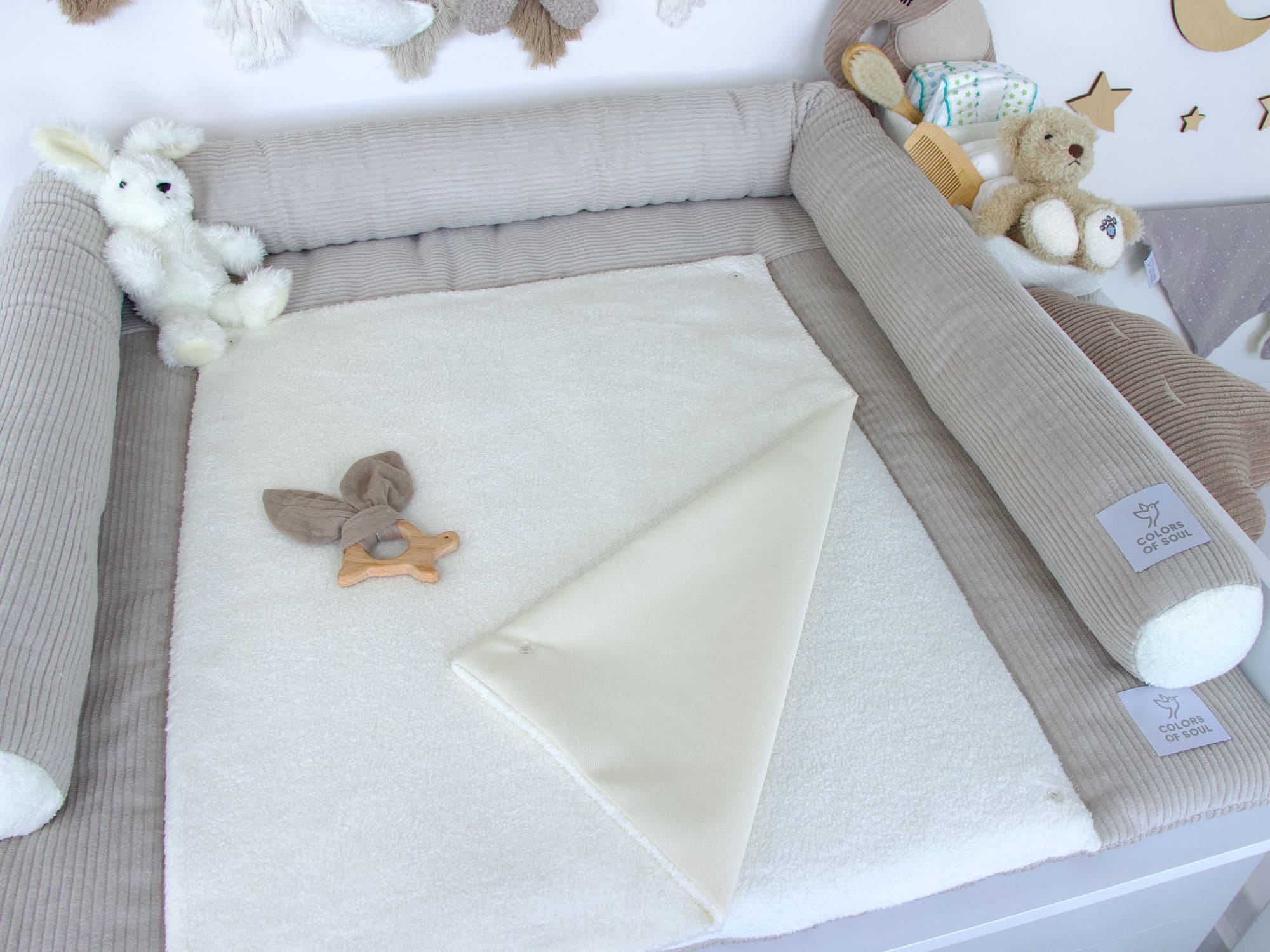 3-er SET - Wickelauflage, Bettschlange, Babynest - Kord hellbeige / Baumwollfleece creme