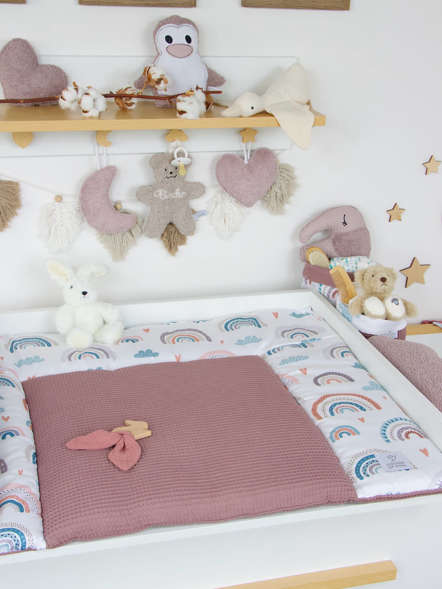 5-er SET - Wickelauflage, Babynest, Bettrolle - pastell Regenbogen und Herzen / Waffelpique alte malve