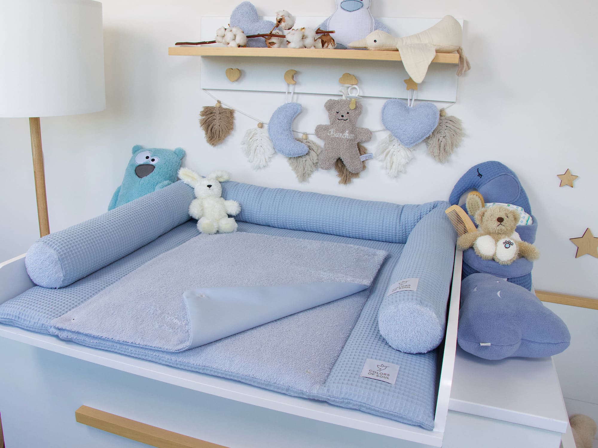 3-er SET - Wickelauflage, Bettschlange, Babynestchen - Waffelpique hellblau / Frottee hellblau