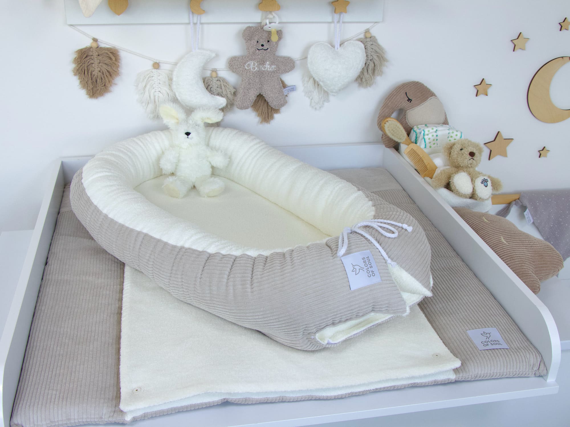 3-er SET - Wickelauflage, Bettschlange, Babynest - Kord hellbeige / Baumwollfleece creme