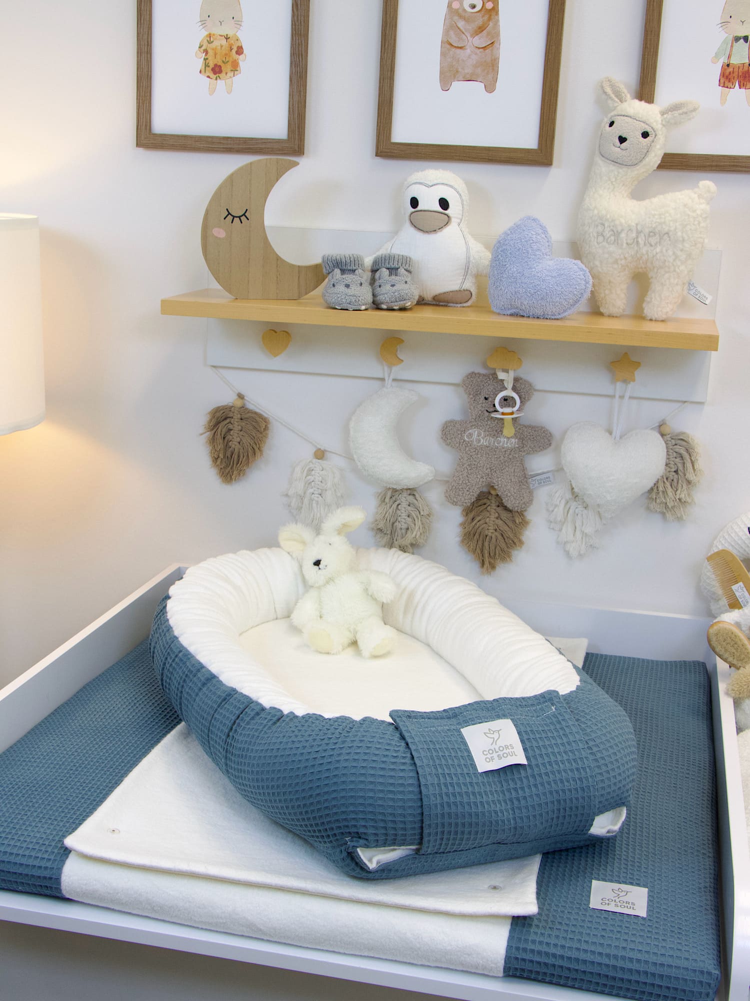 3-er SET - Wickelauflage mit Inlett, Babynest, Bettrolle - Waffel stahlblau / Baumwollfleece creme