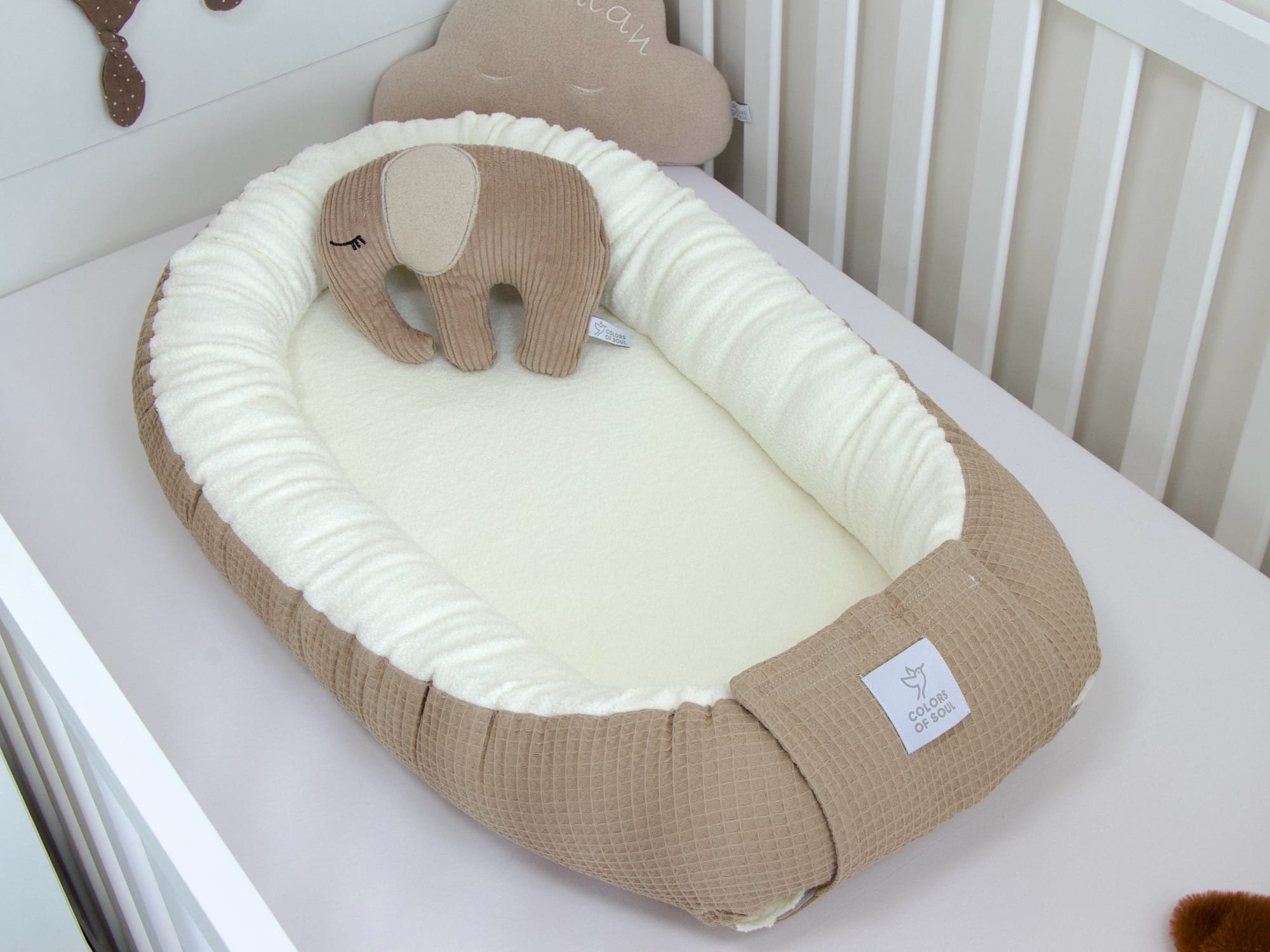 3-er SET - Wickelauflage mit Inlett, Babynest, Bettrolle - Waffel dunkelbeige/ Baumwollfleece creme