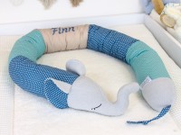 Bettschlange Elefant personalisiert mit Namen - beige / blau