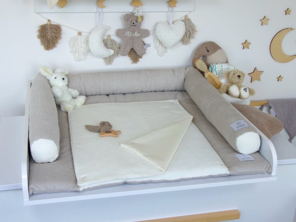 2-er SET - Wickelauflage, Bettschlange - Kord hellbeige / Baumwollfleece creme