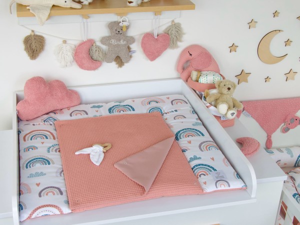 Wickelauflage pastell Regenbogen und Herzen / Waffelpique blush