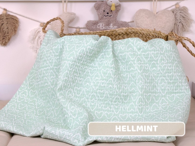 Waffelpique Herzen bedruckt hellmint