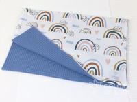 Babydecke - Regenbogen und Herzen / Waffelpique blau