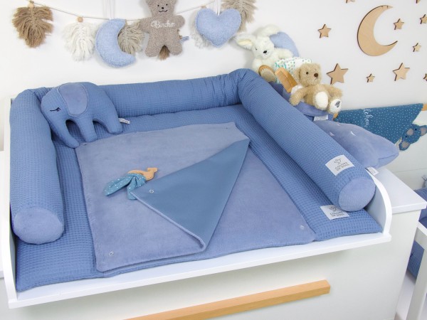 2-er SET - Wickelauflage, Bettschlange - Waffelpique blau / Baumwollfleece himmelblau
