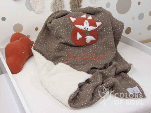 Kuscheldecke - Musselin mit weißen Punkten taupe / Teddyplüsch creme - Füchse