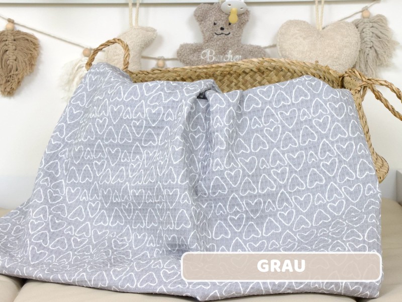 Waffelpique Herzen bedruckt grau