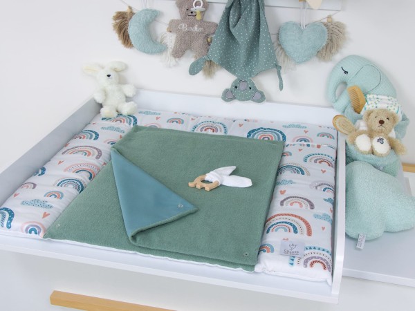 Wickelauflage - pastell Regenbogen und Herzen / Baumwollfleece altmint