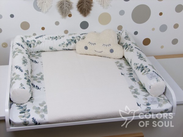 2-er SET - Wickelauflage, Bettschlange - Eukalyptuszweige Aquarell / Waffelpique BeBe creme