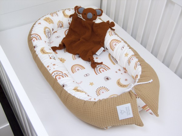 Babynestchen Baby boho Regenbogen / Waffelpique karamell