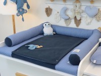 Wickelauflage Set in Blau – Waffelpique blau mit Bettschlange und Mittelteil aus Baumwollfleece dunkelblau auf einer weißen Wickelkommode