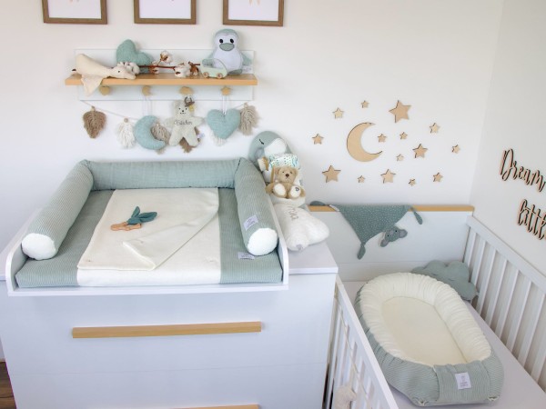 3-er SET - Wickelauflage, Babynestchen, Bettschlange - Kord mint / Baumwollfleece creme