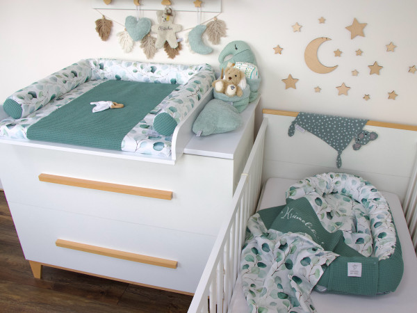 3-er SET - Wickelauflage mit Inlett, Babynest, Bettrolle - Silberdollar-Eukalyptus / Waffel altgrün