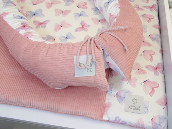 2er Set Babynestchen und Wickelauflage Cord Altrosa mit Schmetterlinge Aquarell