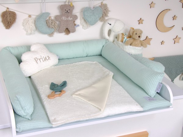 2-er SET - Wickelauflage, Bettschlange - Waffelpique pastellmint / Frottee creme