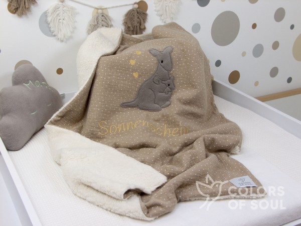 Kuscheldecke - Musselin mit weißen Punkten beige / Teddyplüsch creme - Känguru