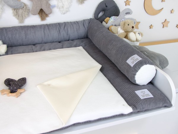 Wickelauflage Set mit Bettschlange Cord grau / Baumwollfleece creme