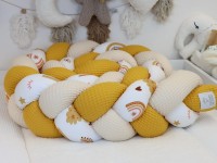 Handgefertigte Bettschlange Waffelpique Gelb und Hellbeige mit Baby Boho Regenbogen Stoff – weicher Schutz fürs Babybett