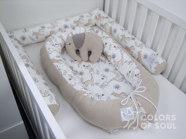 2-er SET - Babynestchen, Bettschlange - Giraffe und Zebra / Baumwollfleece beige