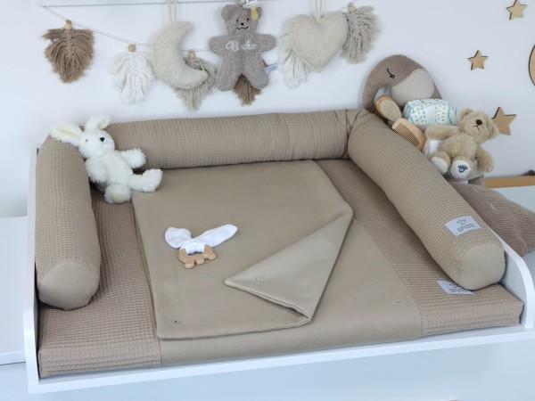 2-er SET - Wickelauflage mit Inlett, Bettrolle - Waffel dunkelbeige / Baumwollfleece dunkelbeige
